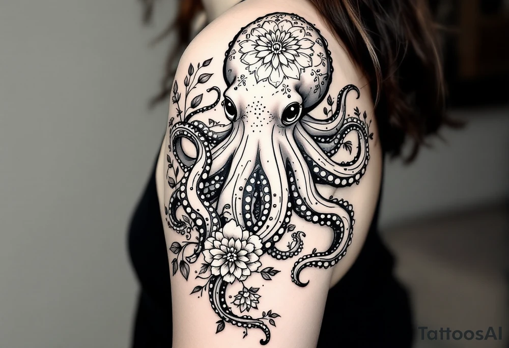 realistic octopus, detailed linework, black-and-grey shading, elegant floral vine, intertwining tentacles, thin black swirling lines, semi-transparent brown leaves, delicate mandala flower, dotwork, ornamental flourishes, radiating design, fine-line style, minimalistic, organic flow, feminine, artistic, slightly surreal, seamless composition, marine botanical fusion, lifelike texture, graceful rhythm, natural growth integration, upper arm placement, shoulder curve, body-following design, smooth shading, soft leaves wrapping, blooming shoulder flower, outward radiating pattern, vine tentacle flow, integrated sea creature, botanical octopus, arm shoulder tattoo, curved body placement, natural organic movement tattoo idea