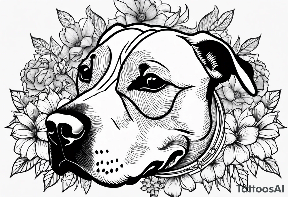 pit bull looking up at you with flowers on skin tattoo idea