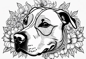 pit bull looking up at you with flowers on skin tattoo idea