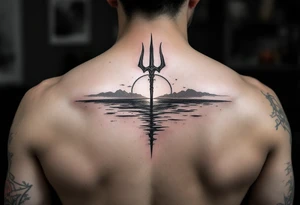 trident half way under calm water with sunset tattoo idea