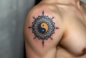 An intricate mandala with a yin-yang center, radiating golden and deep blue hues, symbolizing balance and harmony. tattoo idea