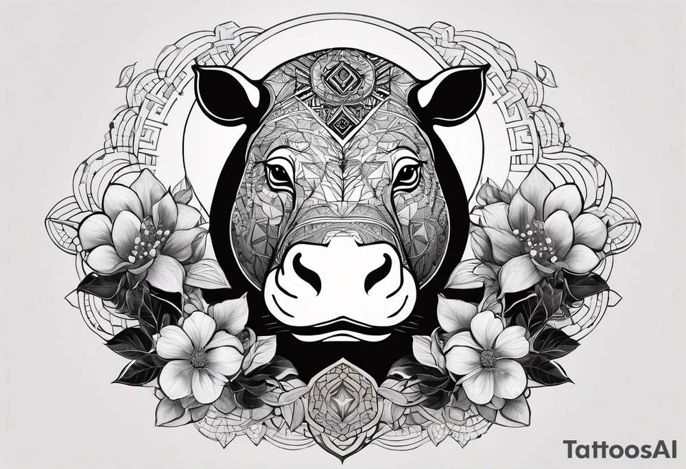 Very asymmetrical, +geometric pattern, with realistic full moon, with big eyes small ears 
hippo, +zen feel, + Buddhism touch, +tribal, +geometric, +inkart 
with wintersweet flower bud, +portrait orientation, +inkart touch, tattoo idea