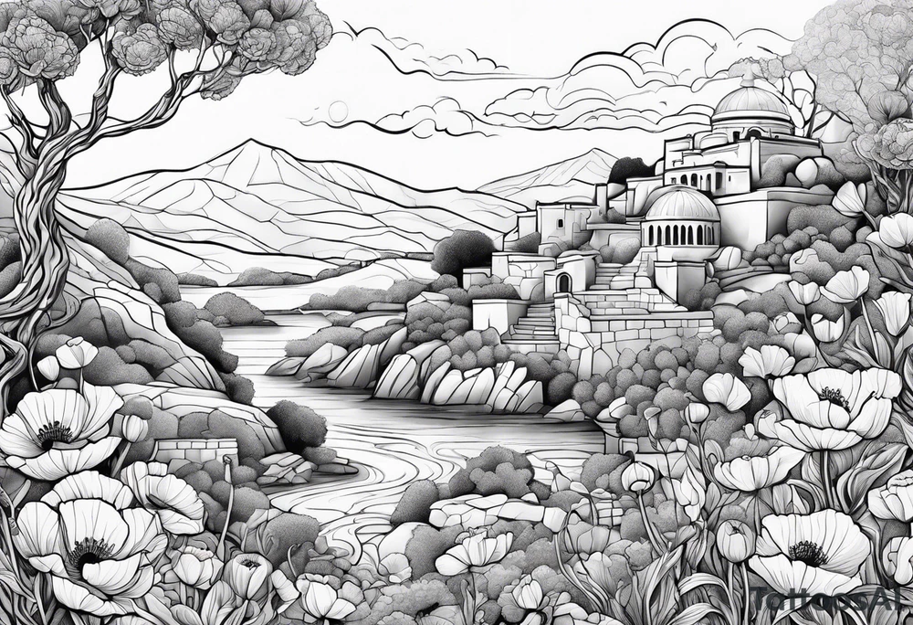 Greek father tending to rock garden with poppy flower tattoo idea