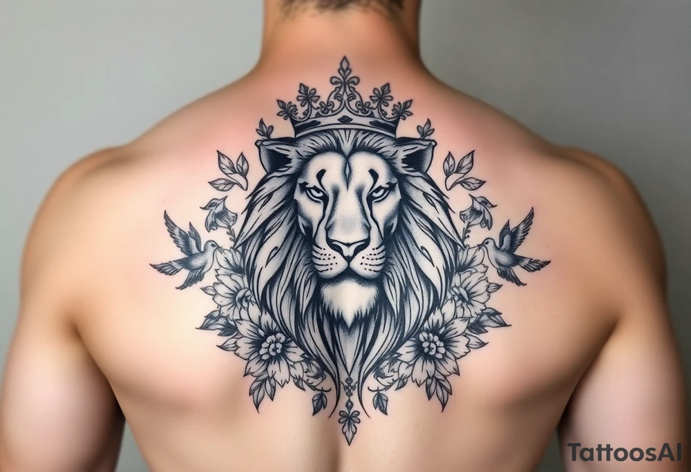powerful majestic lion with a crown, surrounded by floral ornaments and birds tattoo idea