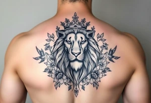 powerful majestic lion with a crown, surrounded by floral ornaments and birds tattoo idea