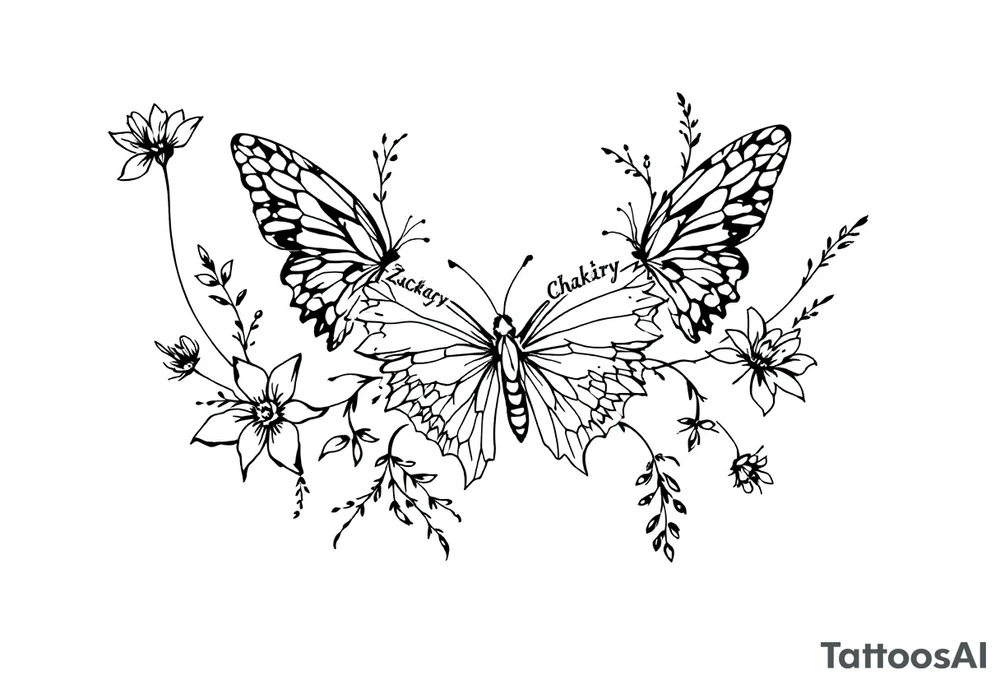 flowers, butterfly with name Zackary and Charlie tattoo idea
