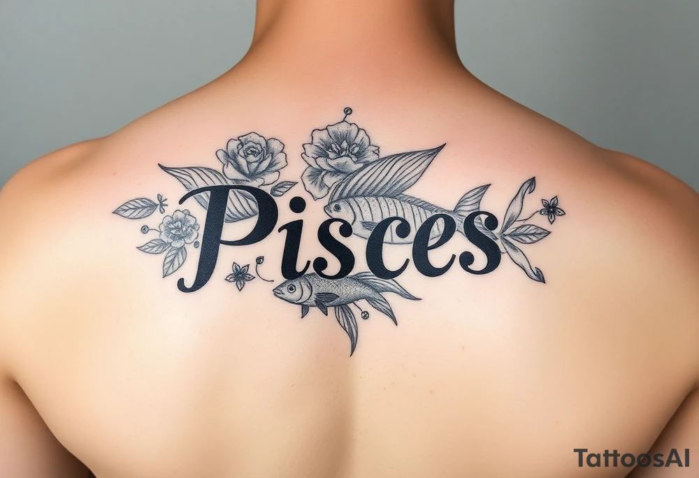 From the word “Pisces” around the word female characteristics of the zodiac sign floral and fishes tattoo idea