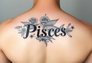 From the word “Pisces” around the word female characteristics of the zodiac sign floral and fishes tattoo idea