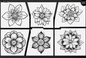 Four small flowers with initials J, F, K, & L in them tattoo idea