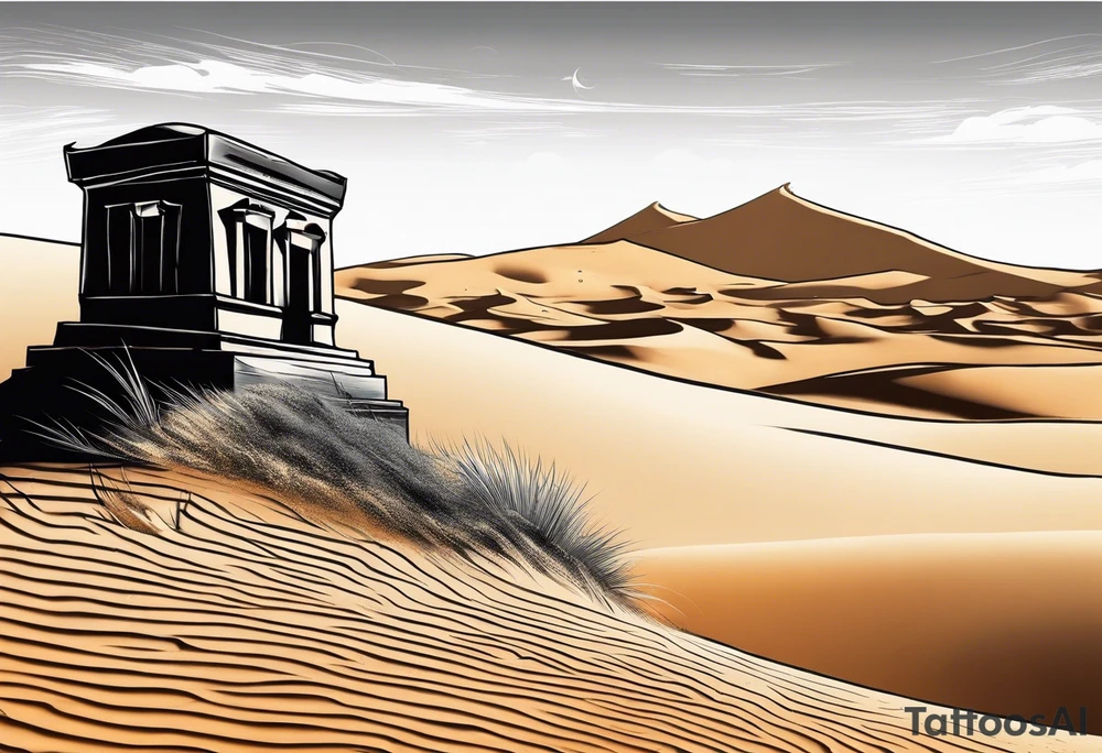 Sand blowing in the wind in the desert with tomb in background tattoo idea