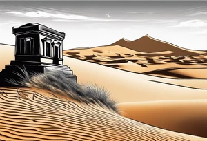 Sand blowing in the wind in the desert with tomb in background tattoo idea