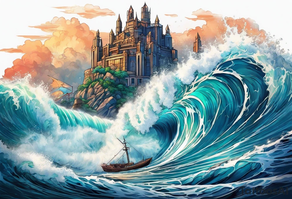 Trident with waves crashing and Atlantis in the background tattoo idea