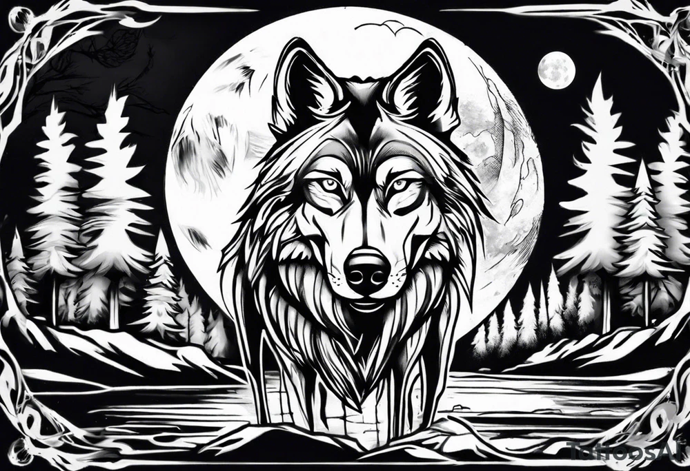 Wolf face a river under it the full moon above big pine trees tattoo idea