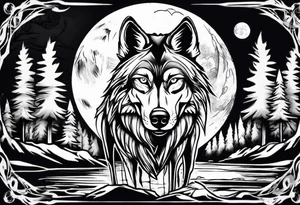Wolf face a river under it the full moon above big pine trees tattoo idea