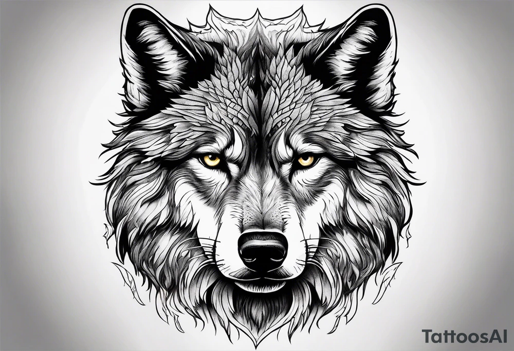 frontal lone wolf face, lonely but wise, staring at moon tattoo idea