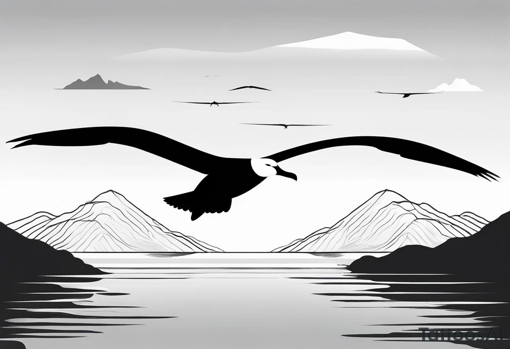 Black and white silhouette illustration of a sleek, minimalist albatross in flight, with a wide wingspan and streamlined body. The bird's silhouette captures its natural grace and power, with clean, flowing lines defining its form. The background features abstract, simplified representations of mountains, trees, and a body of water, all in soft, flowing shapes that enhance the serene, tranquil atmosphere. The overall design uses bold contrasts between the albatross and the background, creating a sleek, modern aesthetic while maintaining a sense of calm and elegance. tattoo idea