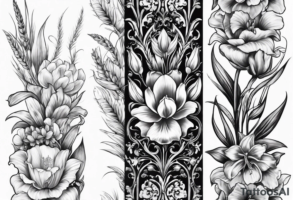 Vertical floral arm sleeve with wheat and dragonflower, snapdragon, and tulips, lilly orchid, Queen-of-the-Night tattoo idea