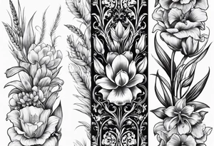 Vertical floral arm sleeve with wheat and dragonflower, snapdragon, and tulips, lilly orchid, Queen-of-the-Night tattoo idea