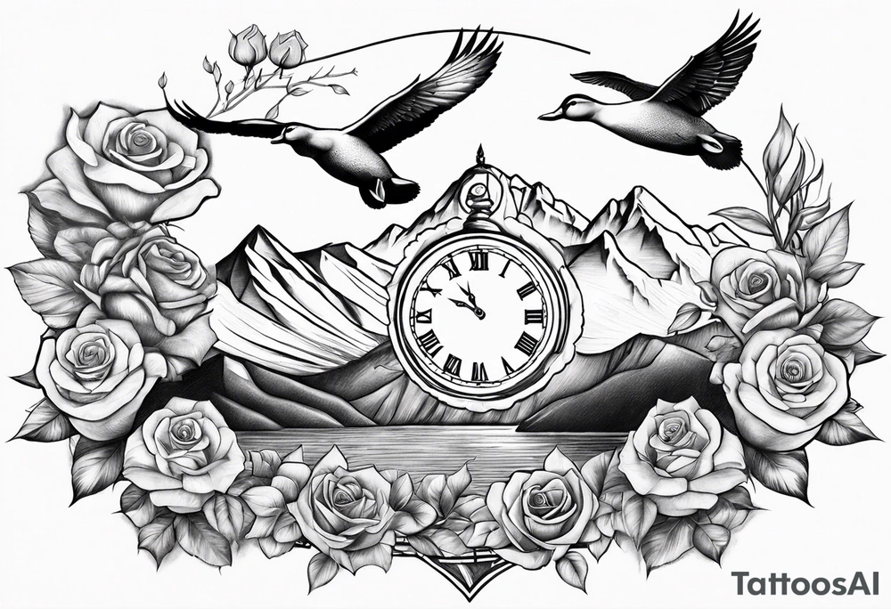 Mountains with clock and ducks flying with roses tattoo idea Mountains with clock and ducks flying with roses tattoo idea