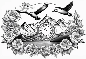 Mountains with clock and ducks flying with roses tattoo idea