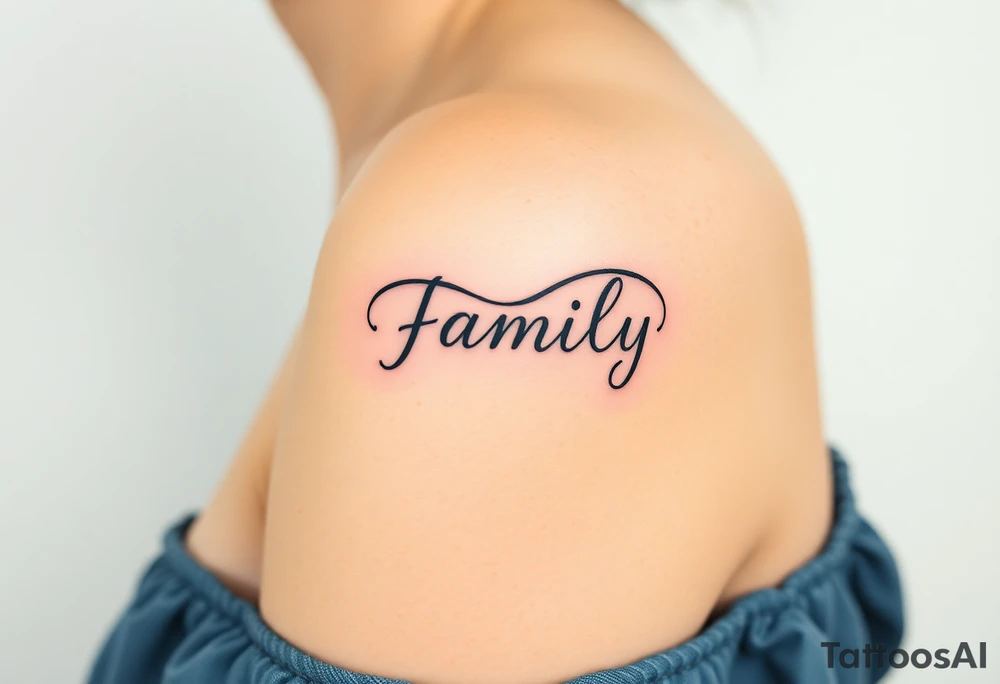 A flowing infinity symbol intertwined with the word "family" written in elegant cursive tattoo idea