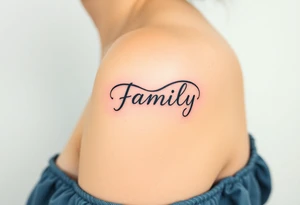 A flowing infinity symbol intertwined with the word "family" written in elegant cursive tattoo idea