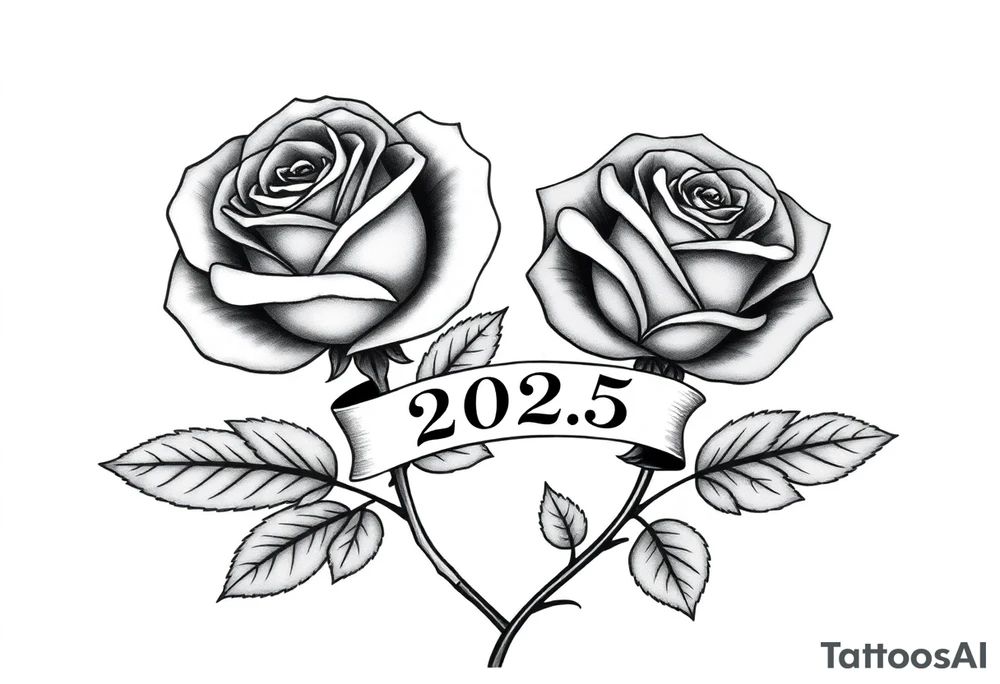 two beautiful large rose buds, one larger than the other, with many leaves next to the rose buds, with one sitting higher than the other. Include a banner connecting the two roses with the year "2025" on it.   Use dark outlines with little shading. The two stems should be short, not long, and connect and join into one stem, whimsically curved or twisted - not straight down. tattoo idea