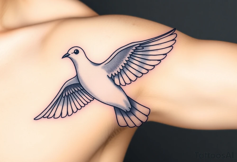 A realistic collared dove in flight, wings spread wide with soft gray and white feathers, symbolizing peace and freedom tattoo idea