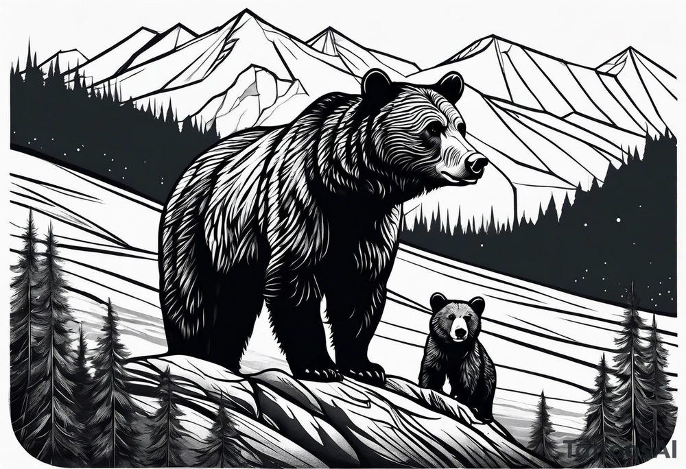 mamma bear and cub with mountains tattoo idea