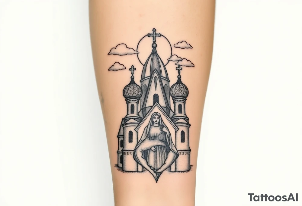 Russian Orthodox church with orthodox spire crosses, with a glow around the church, clouds above it and a virgin mary seperately looking over hands on heart sat above tattoo idea