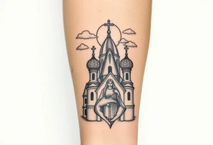 Russian Orthodox church with orthodox spire crosses, with a glow around the church, clouds above it and a virgin mary seperately looking over hands on heart sat above tattoo idea