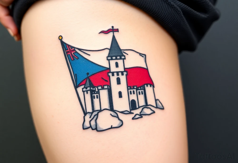 A Czech flag waving behind a medieval castle tattoo idea