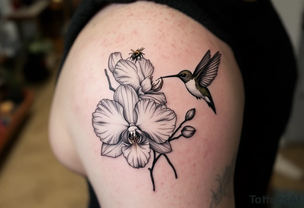 A delicate, black and white fine-line tattoo for male, featuring gracefully detailed 2 orchids in full bloom including their stems, with soft, intricate petals and elegant curves. Beside it, a hummingbird hovers mid-flight, its wings drawn with subtle motion lines, its slender beak reaching toward the orchid’s center to drink its nectar. on the other flower there is a bee that is resting tattoo idea