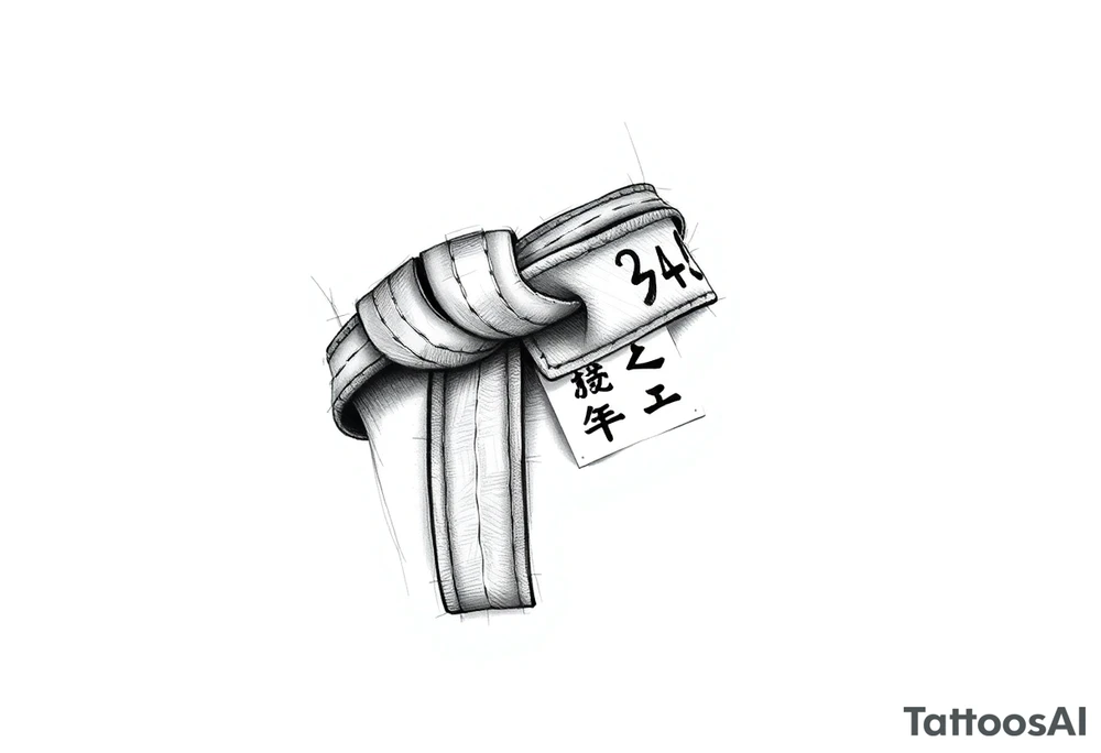 A realistic black and gray tattoo of a Brazilian Jiu-Jitsu black belt wrapping around the wrist like a bracelet. The belt is tied in a knot with one end showing the number 30 and the other showing 24. On the flat end of the belt, two Japanese kanji characters are inked in white: 成長 (growth) and 忍耐 (perseverance). The belt has subtle stitch marks and worn, textured shading for a slightly distressed, authentic look. The style is clean, symbolic, and bold, designed to wrap naturally around the wrist like a wristband.” tattoo idea