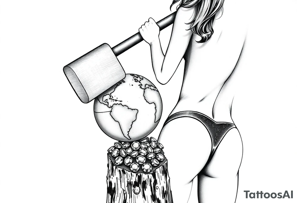 pin up girl wearing a g string thong, the pin up girl is swinging a very large headed mallet onto a small version of the earth globe, the earth globe is on top of a tree stump, the earth globe is in contact with the  mallet and being compressed by the mallet, and at the base of the stump is a pile of diamonds. Her short shorts are not covering her butt all the way. She is facing me with her breast bare and out. tattoo idea