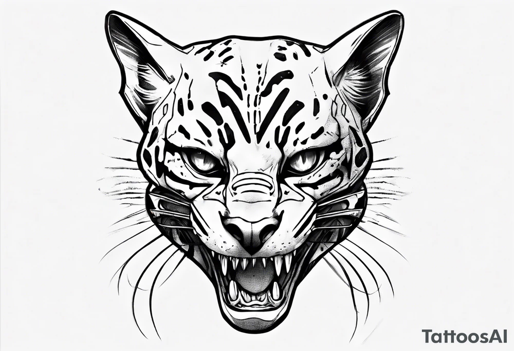 cybernetic ocelot full body teeth showing tattoo idea