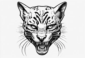 cybernetic ocelot full body teeth showing tattoo idea