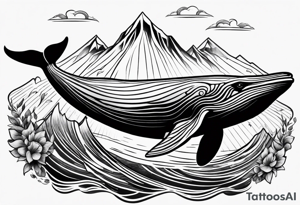 breaching humpback whale with a drawing of the Rocky mountains inside of it's tale tattoo idea