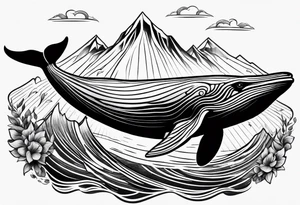 breaching humpback whale with a drawing of the Rocky mountains  inside of it's tale tattoo idea