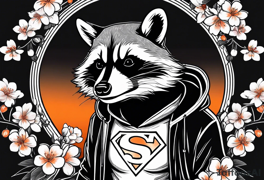 Raccoon wearing a white Superman logo on a black hoodie and orange Japanese cherry blossoms tattoo idea