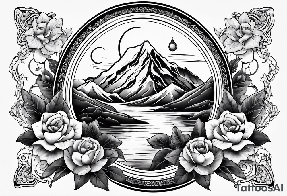 Compass with mountains and moons and flowers like roses or orchids tattoo idea