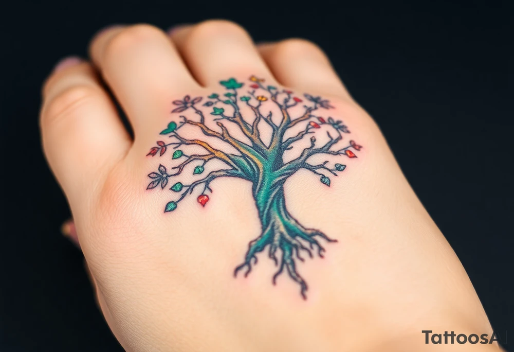 Vibrant tree of life Jamaican and Irish colours tattoo idea