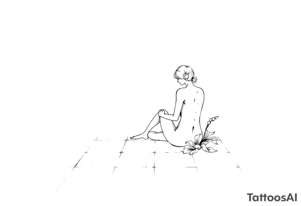 A simple tile floor with a minimalist, almost abstract curled figure sitting on the floor with a lily next to her tattoo idea