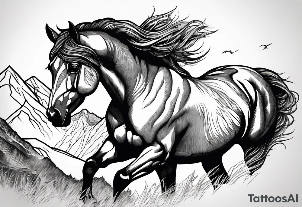 Wild horse, mountain background, feather tattoo idea