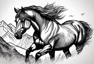 Wild horse, mountain background, feather tattoo idea