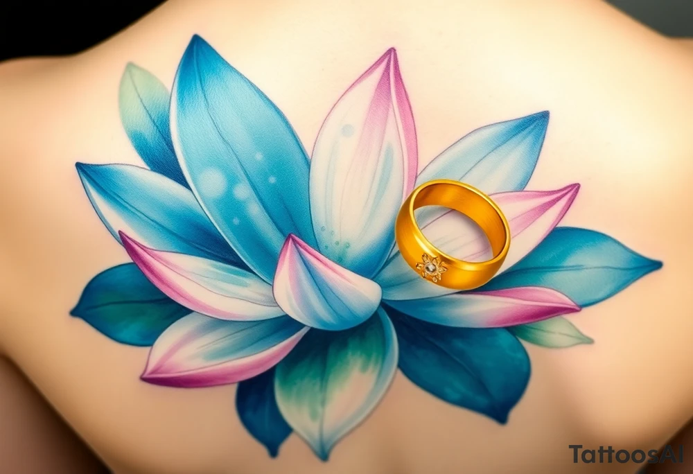 A water lily with a golden wedding ring resting gently on one of the petals, surrounded by soft blues and greens, symbolizing commitment and purity tattoo idea