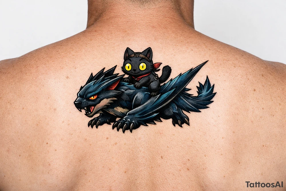 Minimalist fantasy tattoo flash illustration of a cute chibi Palico feline cat riding on the back of a sleek, simplified Nargacuga wyvern dragon. The Nargacuga is designed with smooth fluid linework, stylized with a rich mix of dark steel blue and deep teal color gradients. The Palico cat is matte black with large, bright glowing yellow eyes. Neo-traditional tattoo style, bold black outer linework, no fine micro-shading, high contrast, pure white background. tattoo idea