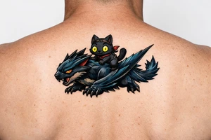 Minimalist fantasy tattoo flash illustration of a cute chibi Palico feline cat riding on the back of a sleek, simplified Nargacuga wyvern dragon. The Nargacuga is designed with smooth fluid linework, stylized with a rich mix of dark steel blue and deep teal color gradients. The Palico cat is matte black with large, bright glowing yellow eyes. Neo-traditional tattoo style, bold black outer linework, no fine micro-shading, high contrast, pure white background. tattoo idea