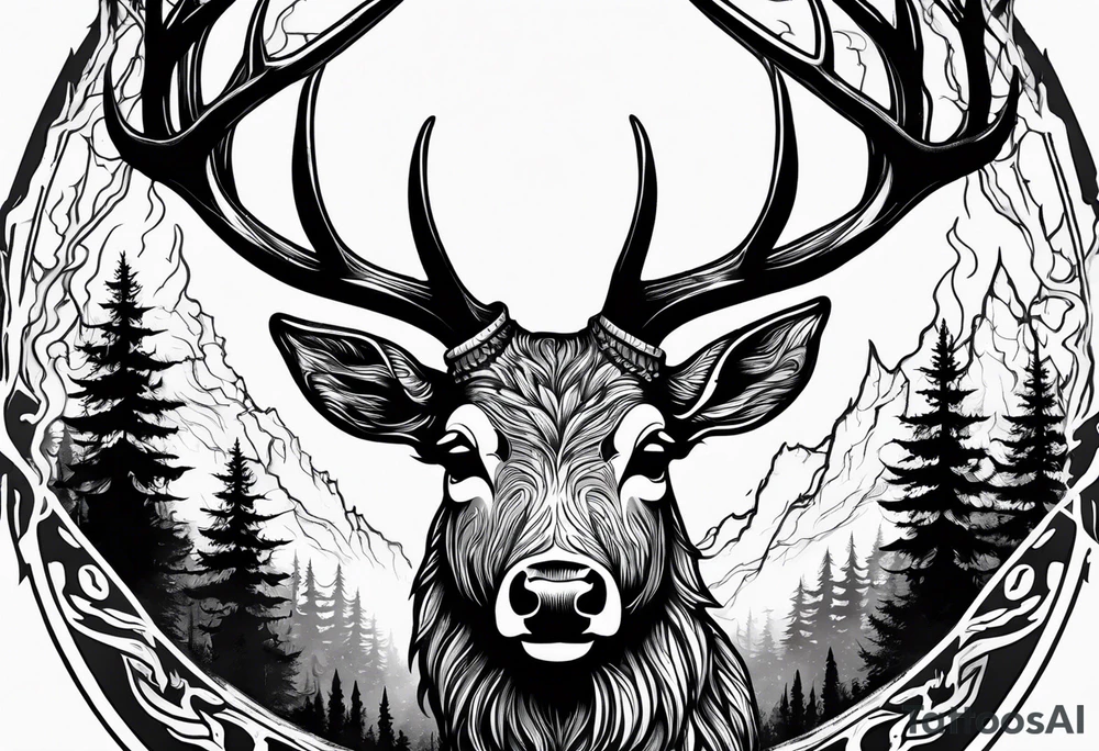 A frightening horror DECAYING deer head JUST BONE surrounded by a forest fire in background tattoo idea