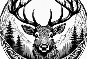 A frightening horror DECAYING deer head JUST BONE surrounded by a forest fire in background tattoo idea